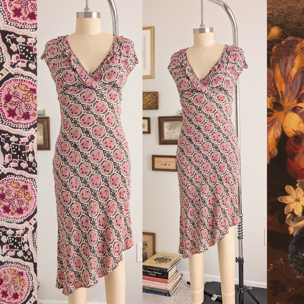 Vintage Pink and Black Floral Geo Midi Dress